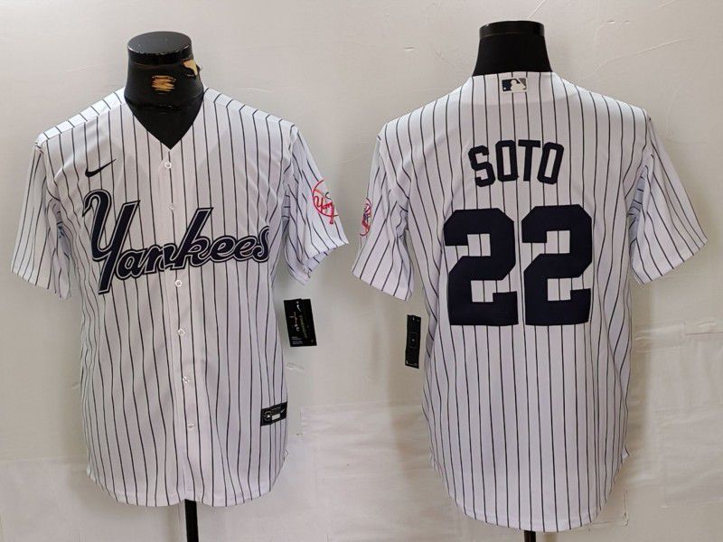 Men New York Yankees #22 Soto White stripe Three generations of joint names Nike 2024 MLB Jersey style 1